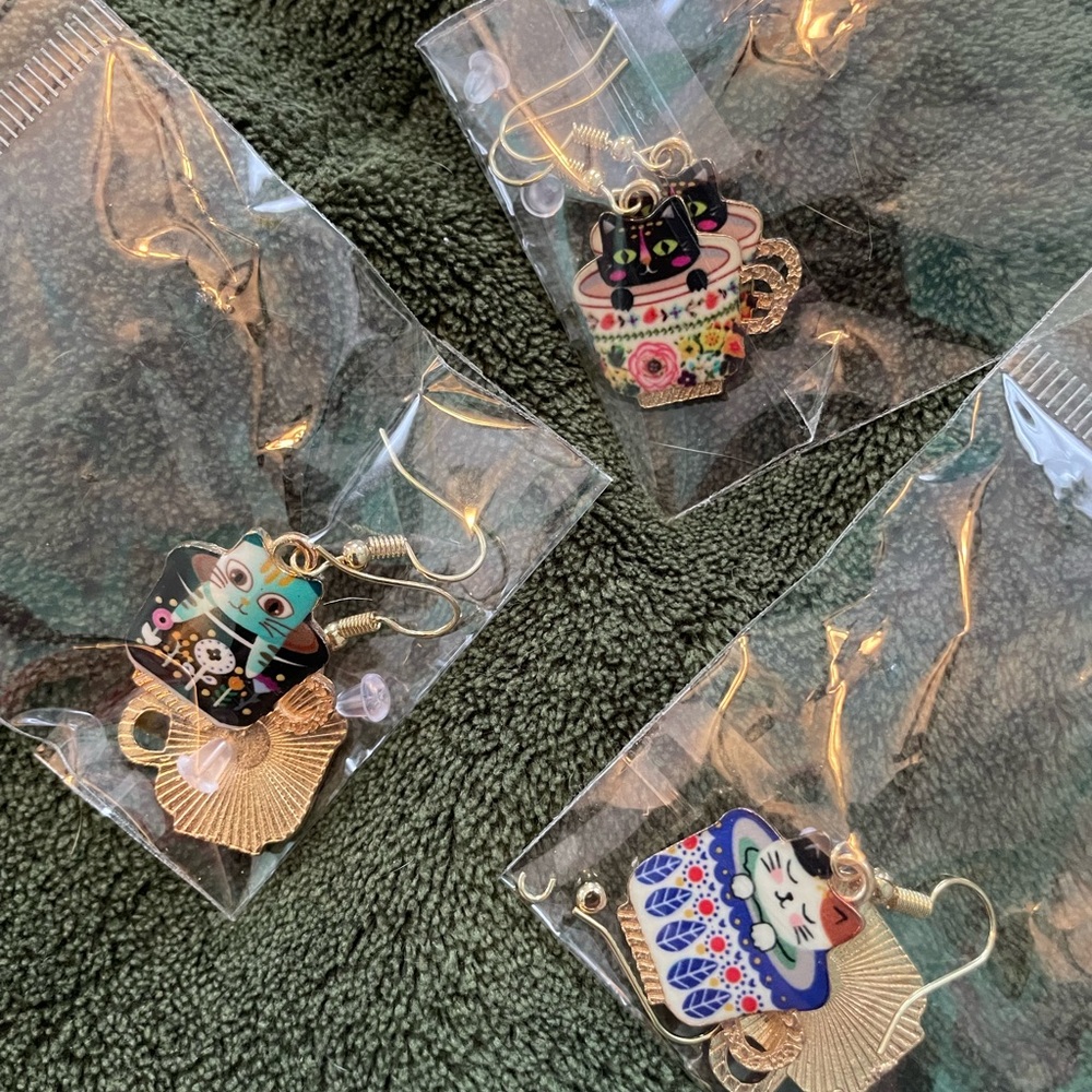 Teacup Cats set of 3 pairs of earrings